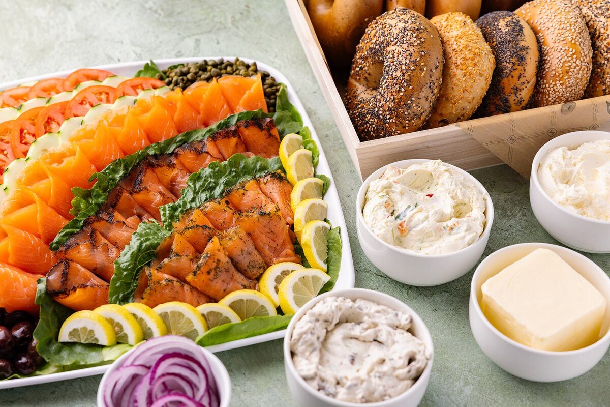 Zucker's catering platter with smoked salmon, bagels, and cream cheese